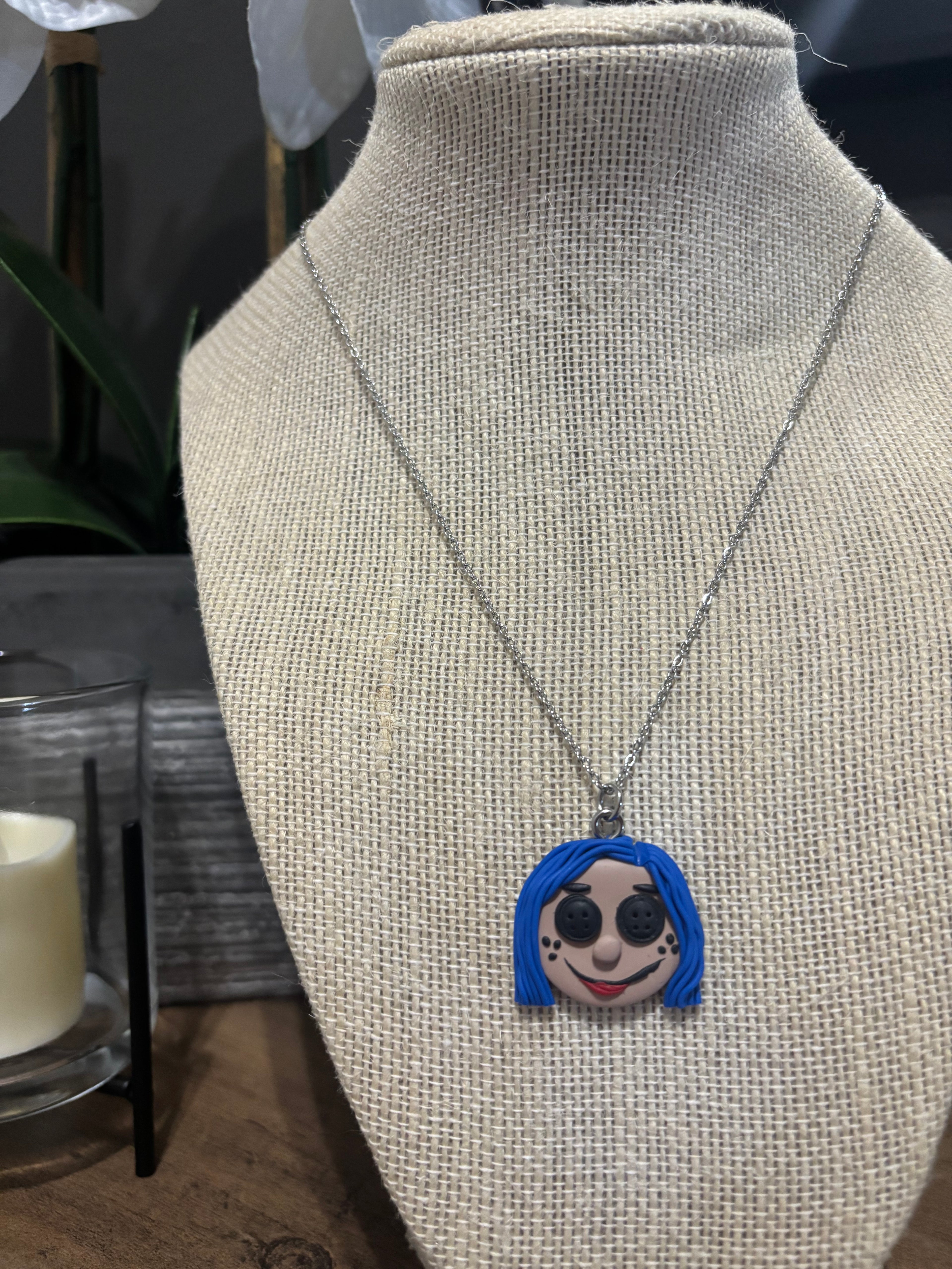 Blue Button Doll Necklace